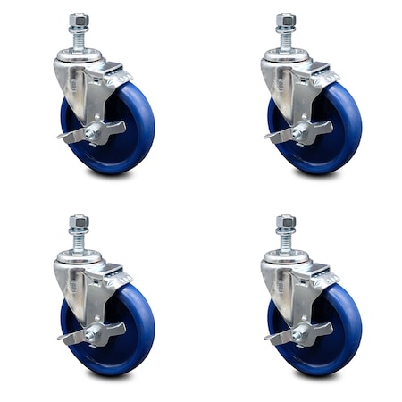 Service Caster 5 Inch Solid Polyurethane Swivel 12mm Threaded Stem Caster Set with Brake SCC-TS20S514-SPUS-TLB-M1215-4